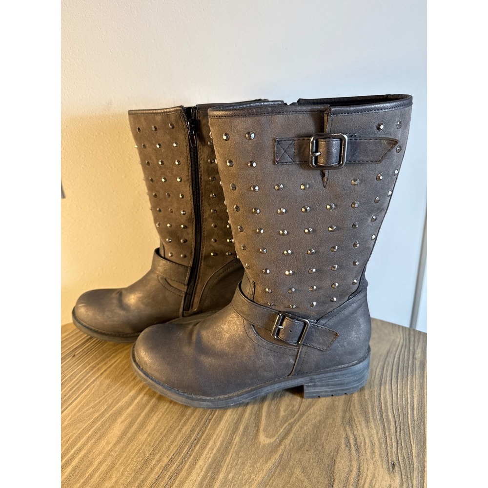 Unionbay‎ Studded Mid-Calf Boots Women's 10 Gray Buckle Side Moto Edgy Lug Sole